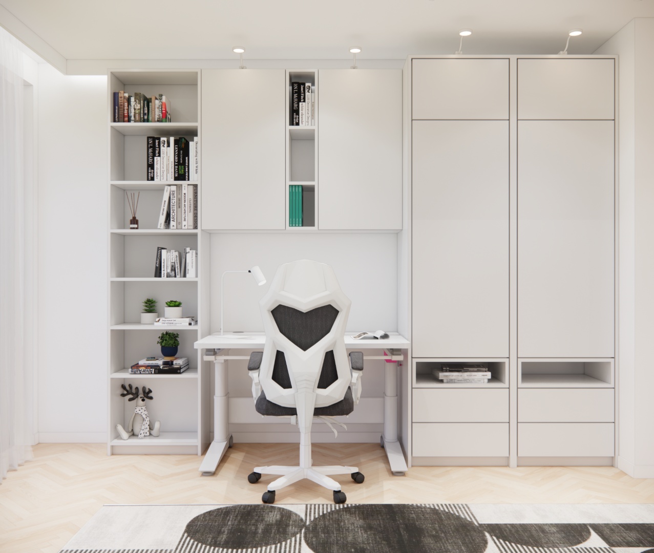 Strefa nauki w pokoju młodzieżowym – biurko z półkami, regał na książki i jasna zabudowa meblowa.